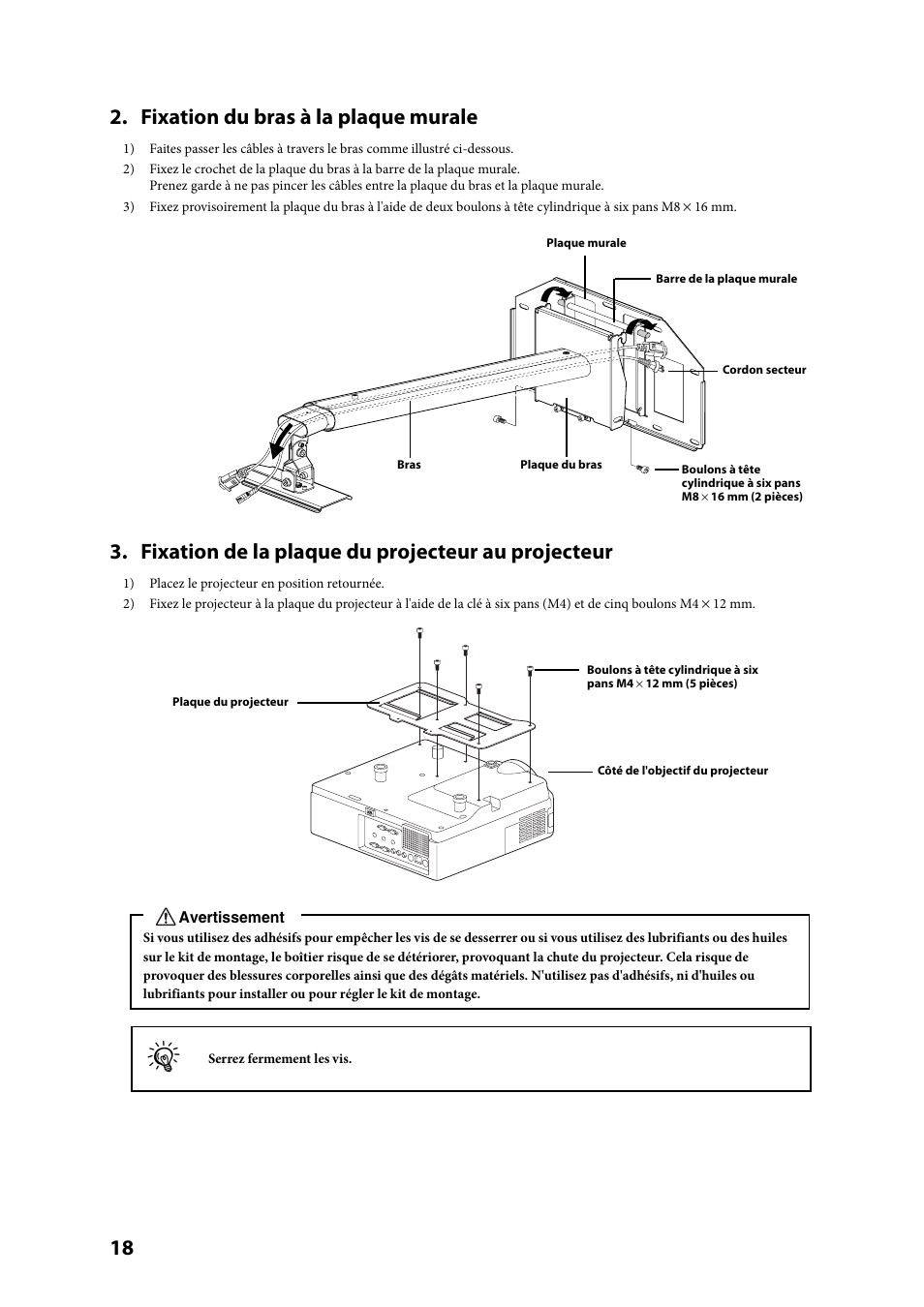 18 2. fixation du bras à la plaque murale, Fixation de la plaque du projecteur au projecteur | Epson ELPMB24 User Manual | Page 18 / 52