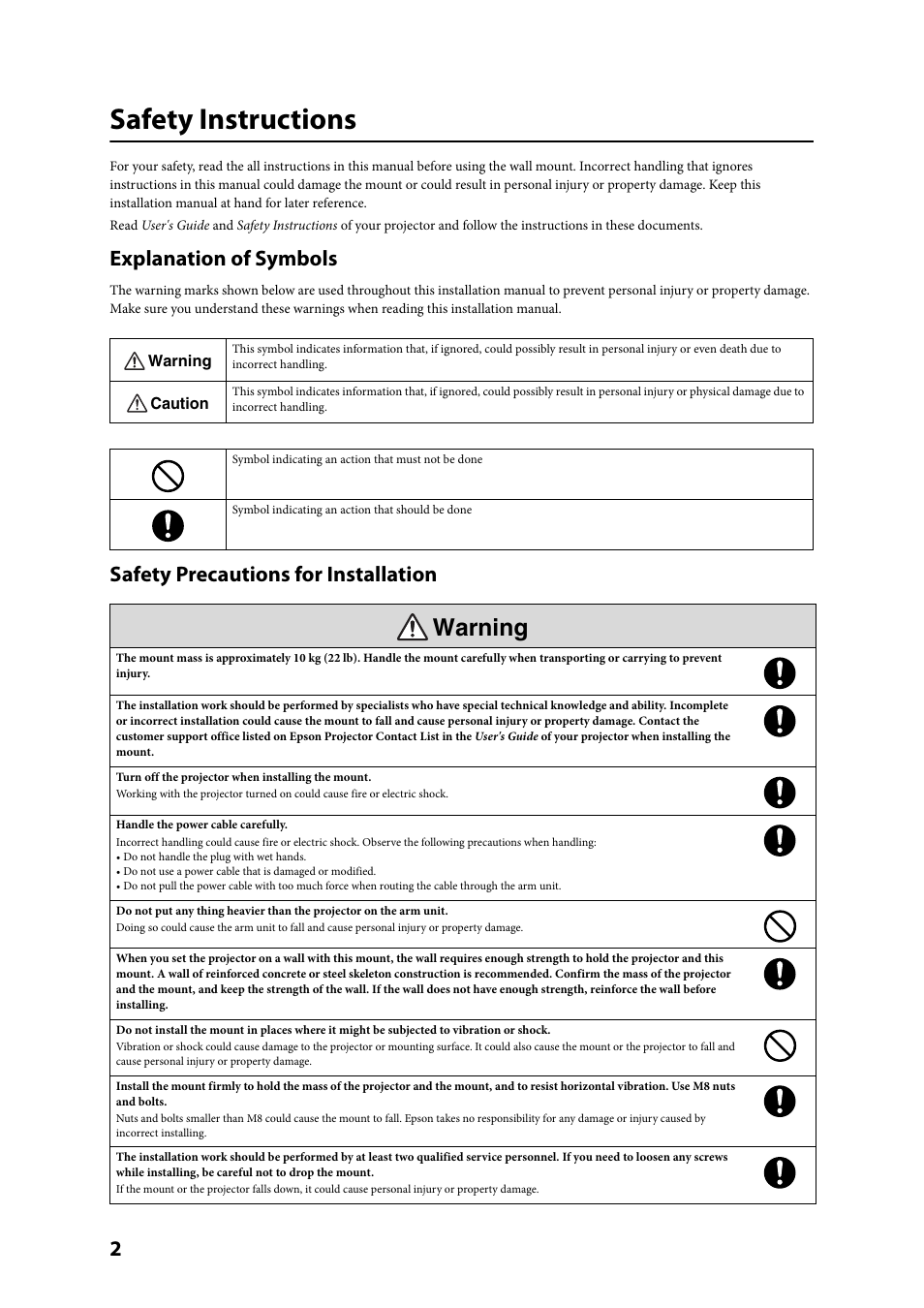 English, Safety instructions, Explanation of symbols | Safety precautions for installation, Warning | Epson ELPMB24 User Manual | Page 2 / 52