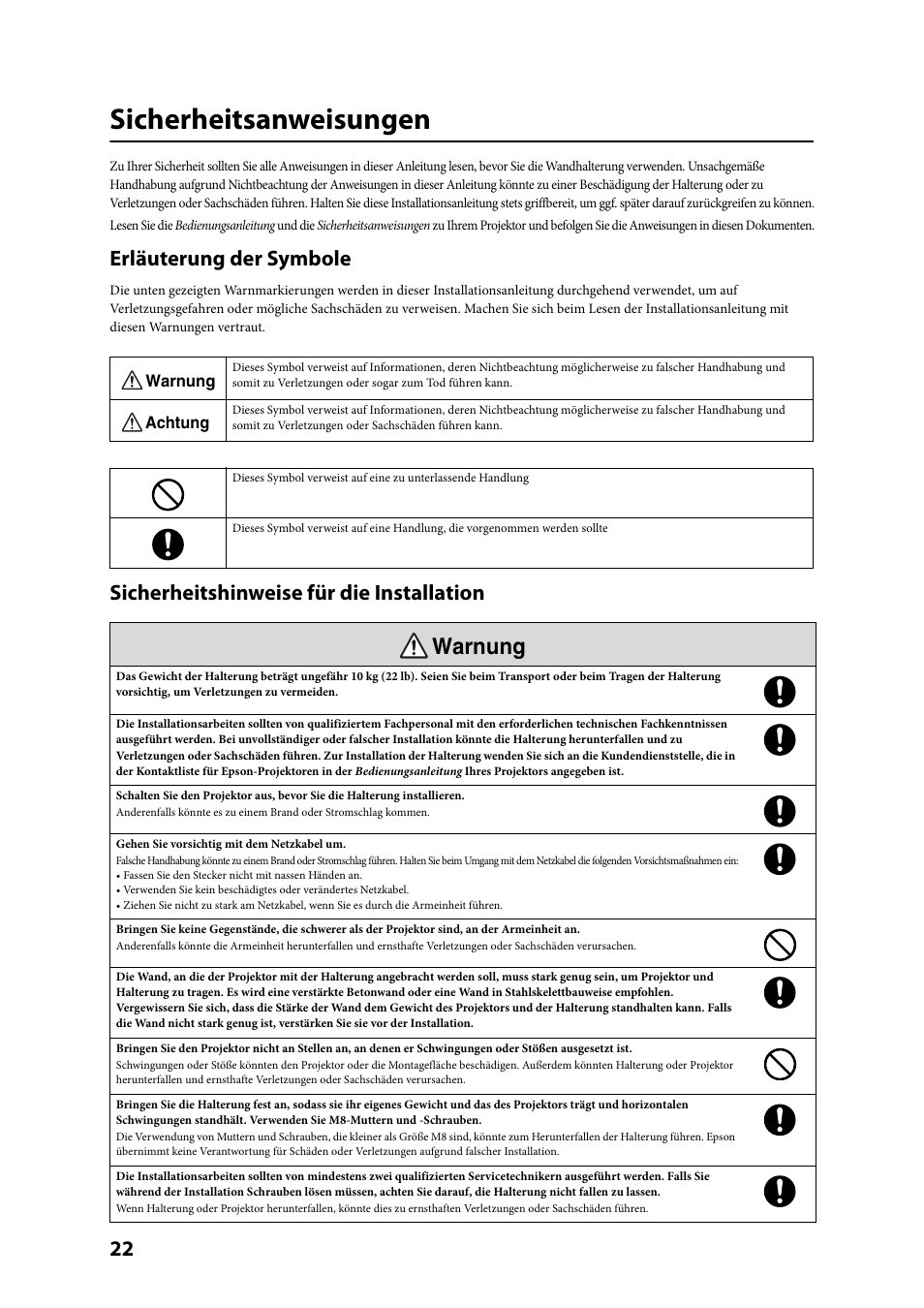 Sicherheitsanweisungen, Warnung, Erläuterung der symbole | Sicherheitshinweise für die installation | Epson ELPMB24 User Manual | Page 22 / 52