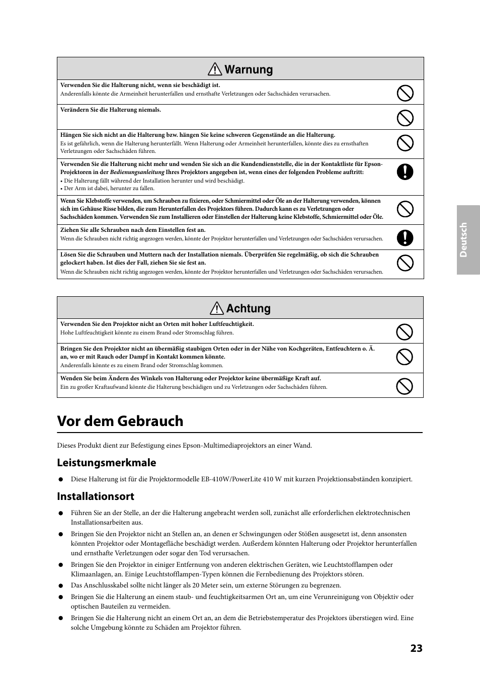 Vor dem gebrauch, Warnung achtung, Leistungsmerkmale | Installationsort | Epson ELPMB24 User Manual | Page 23 / 52