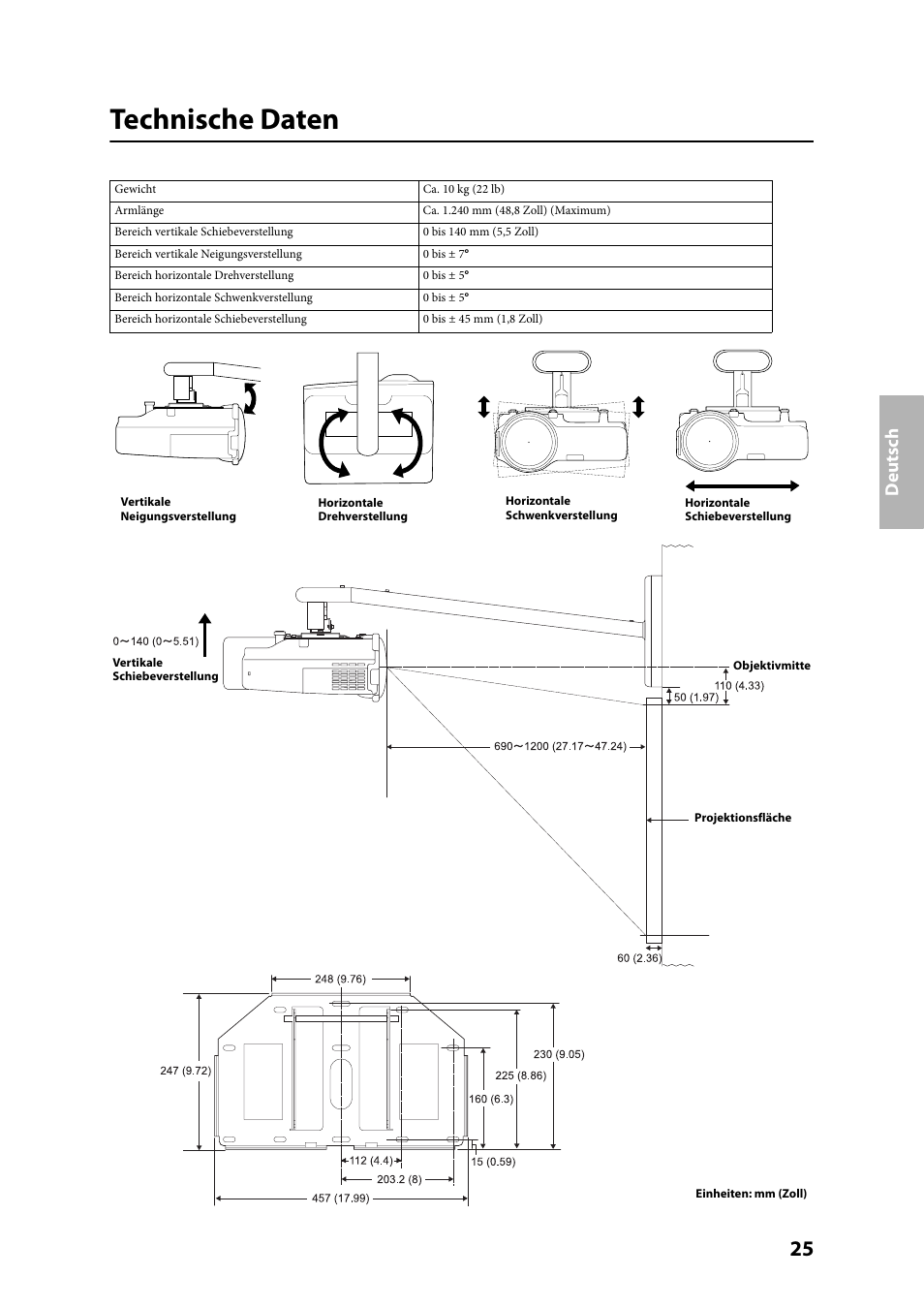 Technische daten, De ut sch | Epson ELPMB24 User Manual | Page 25 / 52