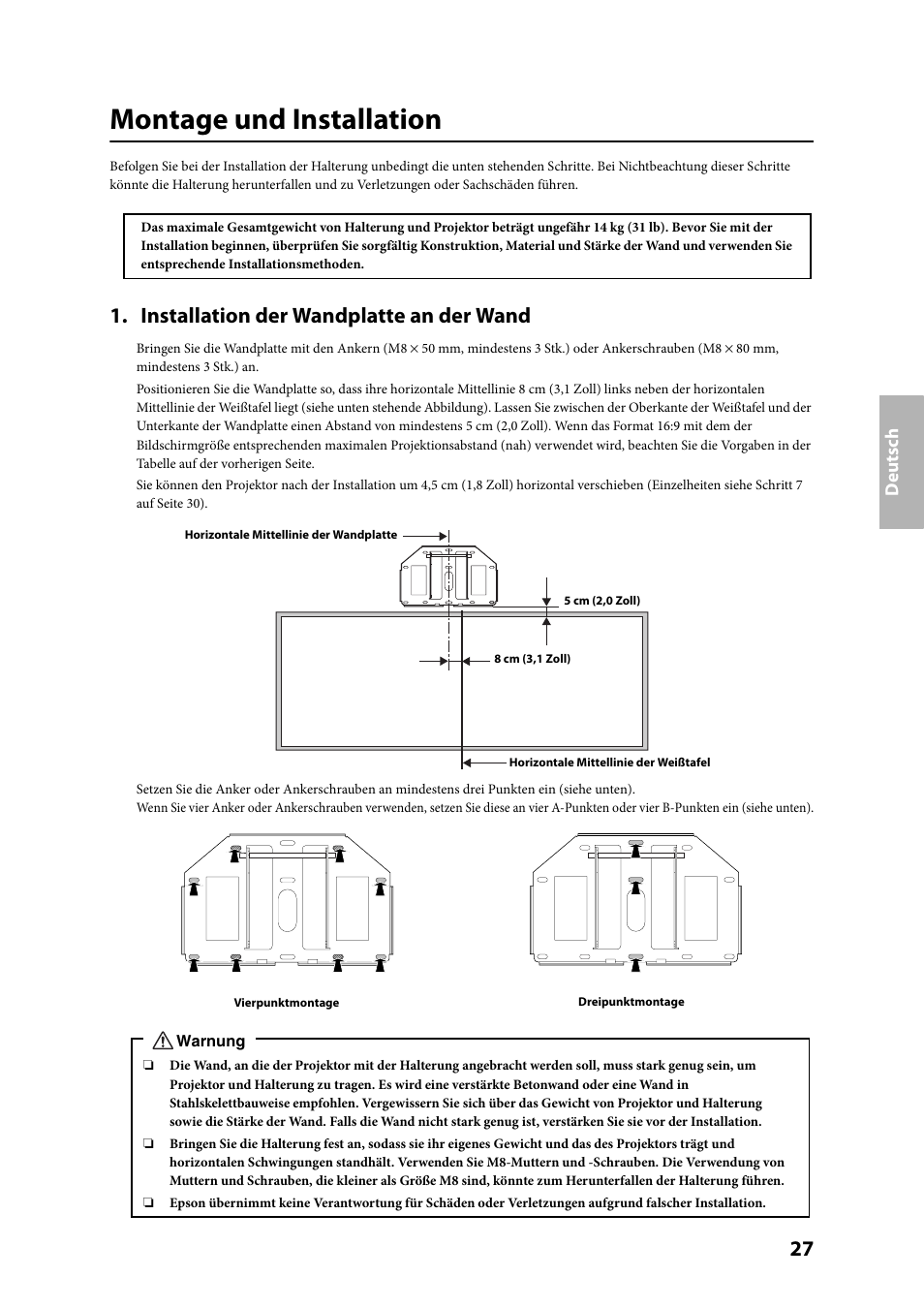 Montage und installation, Installation der wandplatte an der wand | Epson ELPMB24 User Manual | Page 27 / 52