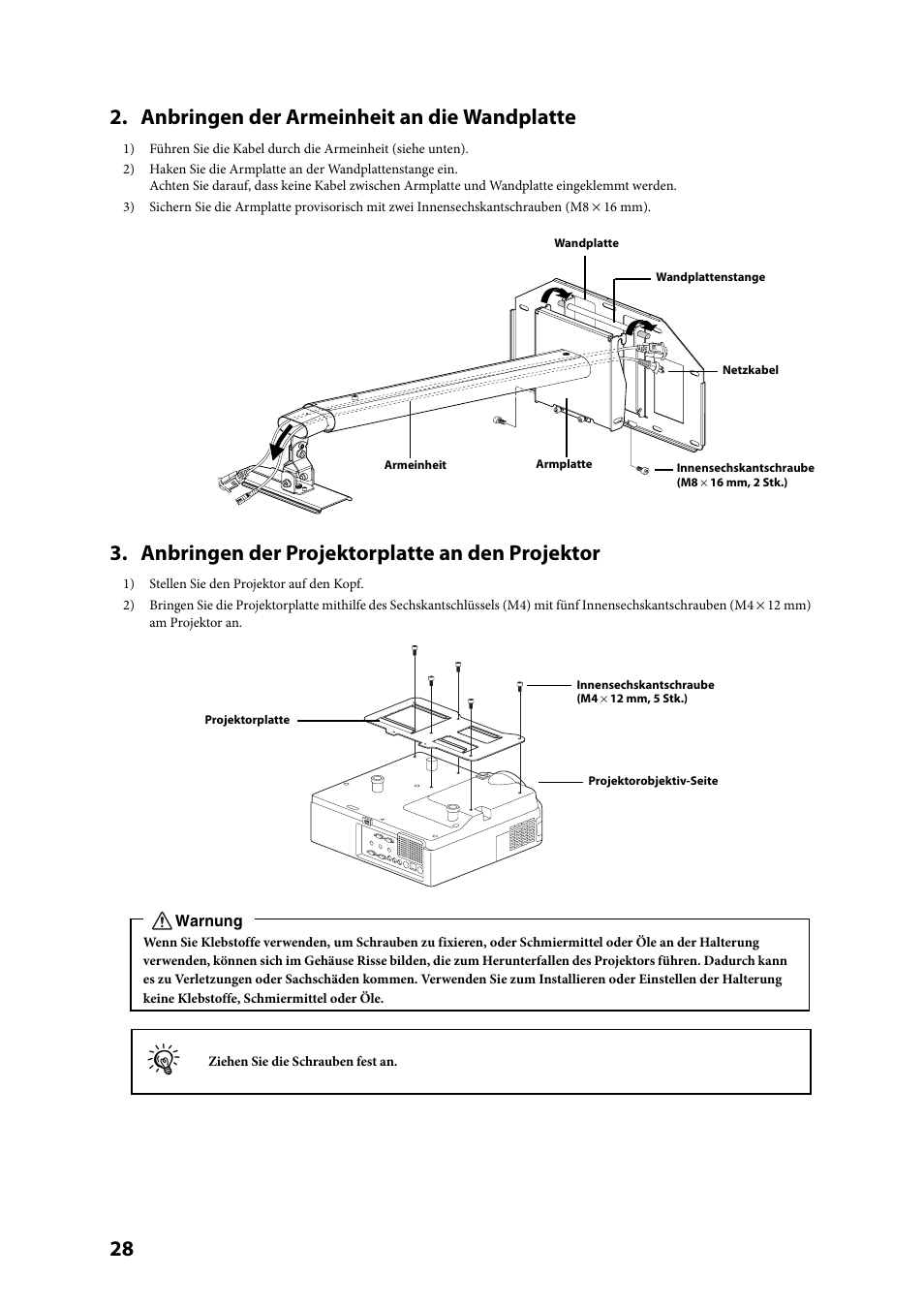 28 2. anbringen der armeinheit an die wandplatte, Anbringen der projektorplatte an den projektor | Epson ELPMB24 User Manual | Page 28 / 52