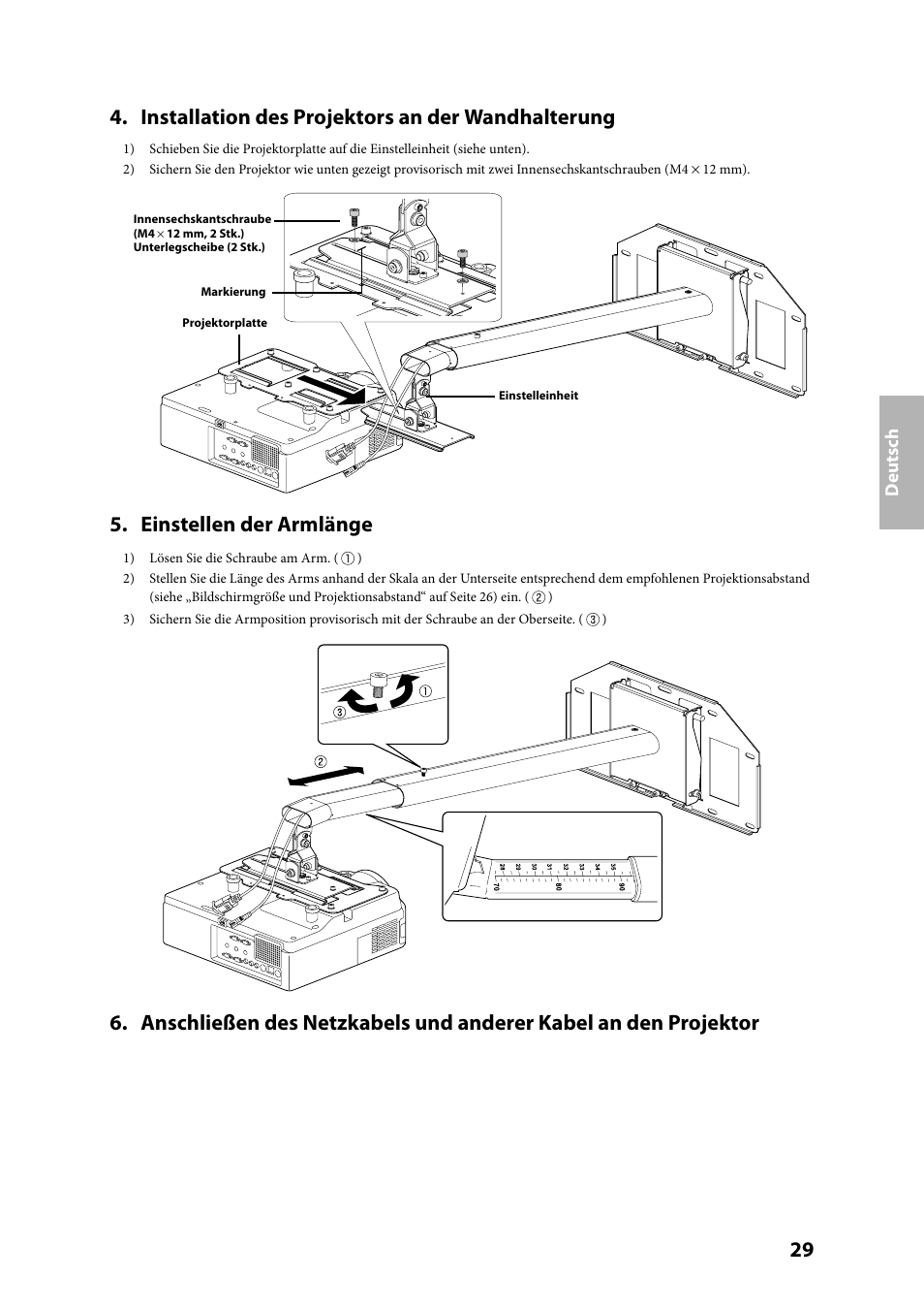 Installation des projektors an der wandhalterung, Einstellen der armlänge, De ut sch | Epson ELPMB24 User Manual | Page 29 / 52