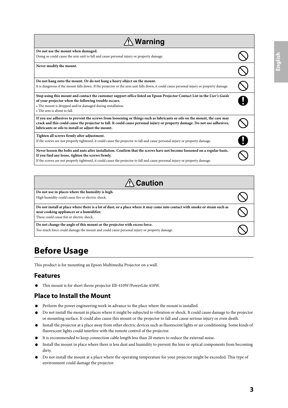 Before usage, Features, Place to install the mount | Caution, Warning | Epson ELPMB24 User Manual | Page 3 / 52