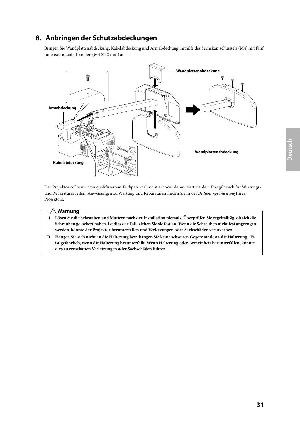 Anbringen der schutzabdeckungen, De ut sch | Epson ELPMB24 User Manual | Page 31 / 52