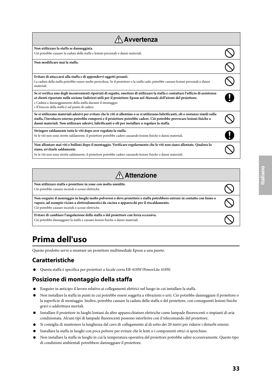 Prima dell'uso, Avvertenza attenzione, Caratteristiche | Posizione di montaggio della staffa | Epson ELPMB24 User Manual | Page 33 / 52