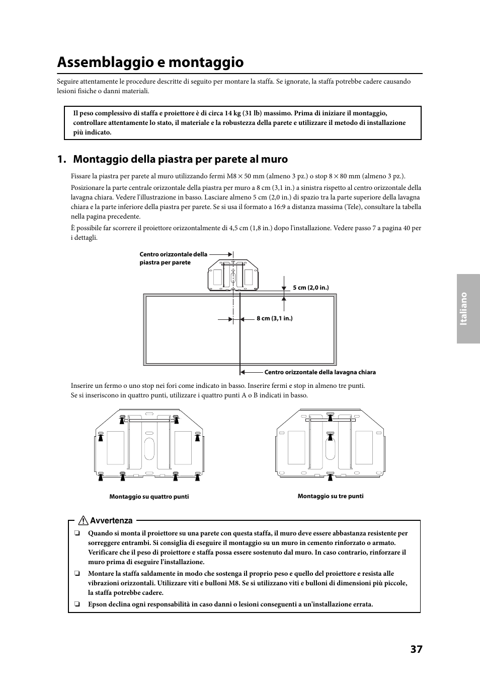 Assemblaggio e montaggio, Montaggio della piastra per parete al muro | Epson ELPMB24 User Manual | Page 37 / 52