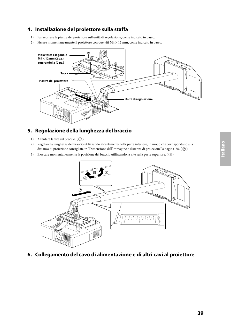 Installazione del proiettore sulla staffa, Regolazione della lunghezza del braccio, Ita lia no | Epson ELPMB24 User Manual | Page 39 / 52