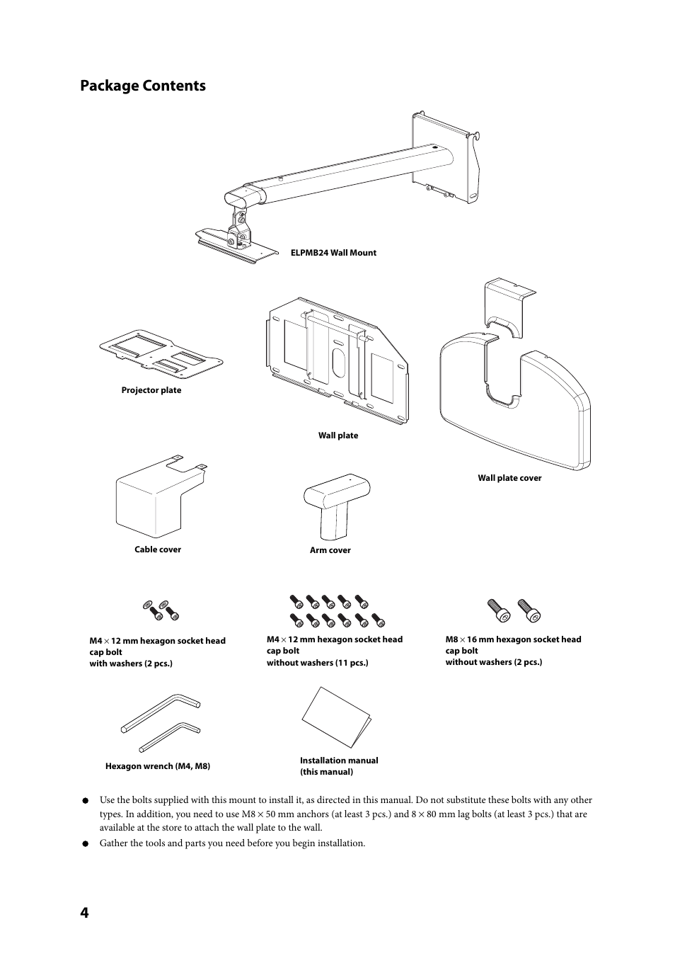 Package contents, 4package contents | Epson ELPMB24 User Manual | Page 4 / 52