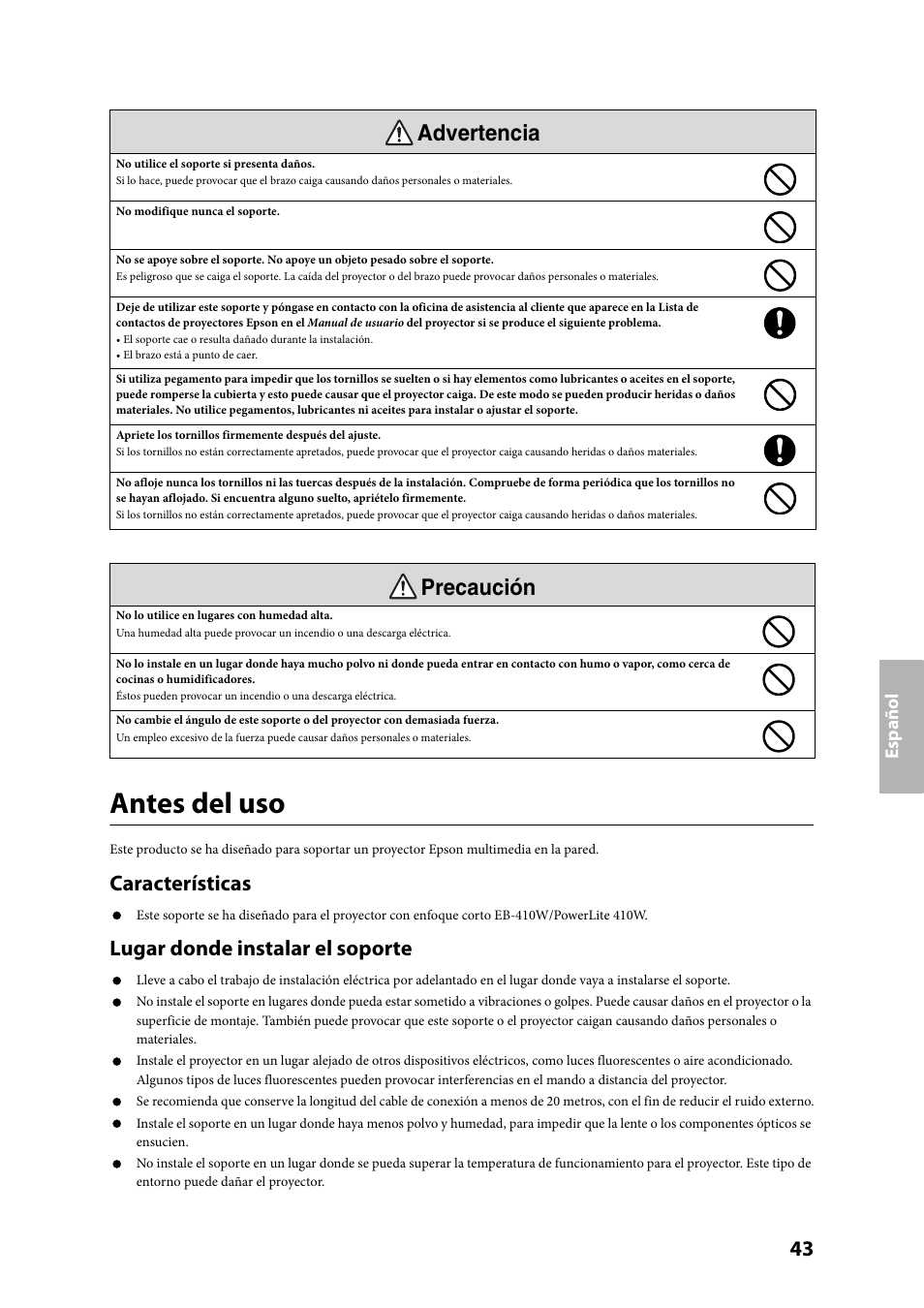 Antes del uso, Advertencia precaución, Características | Lugar donde instalar el soporte | Epson ELPMB24 User Manual | Page 43 / 52