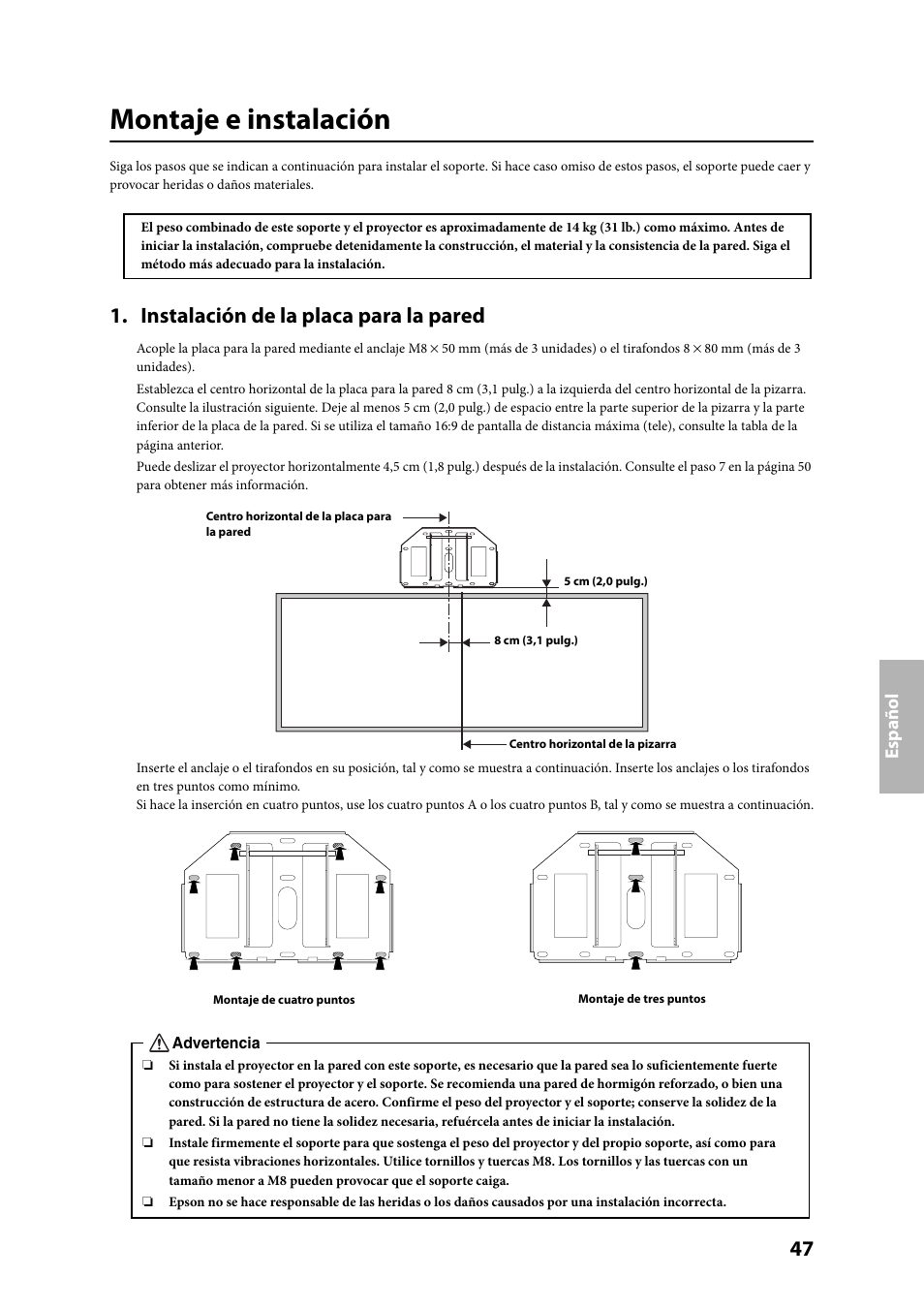 Montaje e instalación, Instalación de la placa para la pared | Epson ELPMB24 User Manual | Page 47 / 52