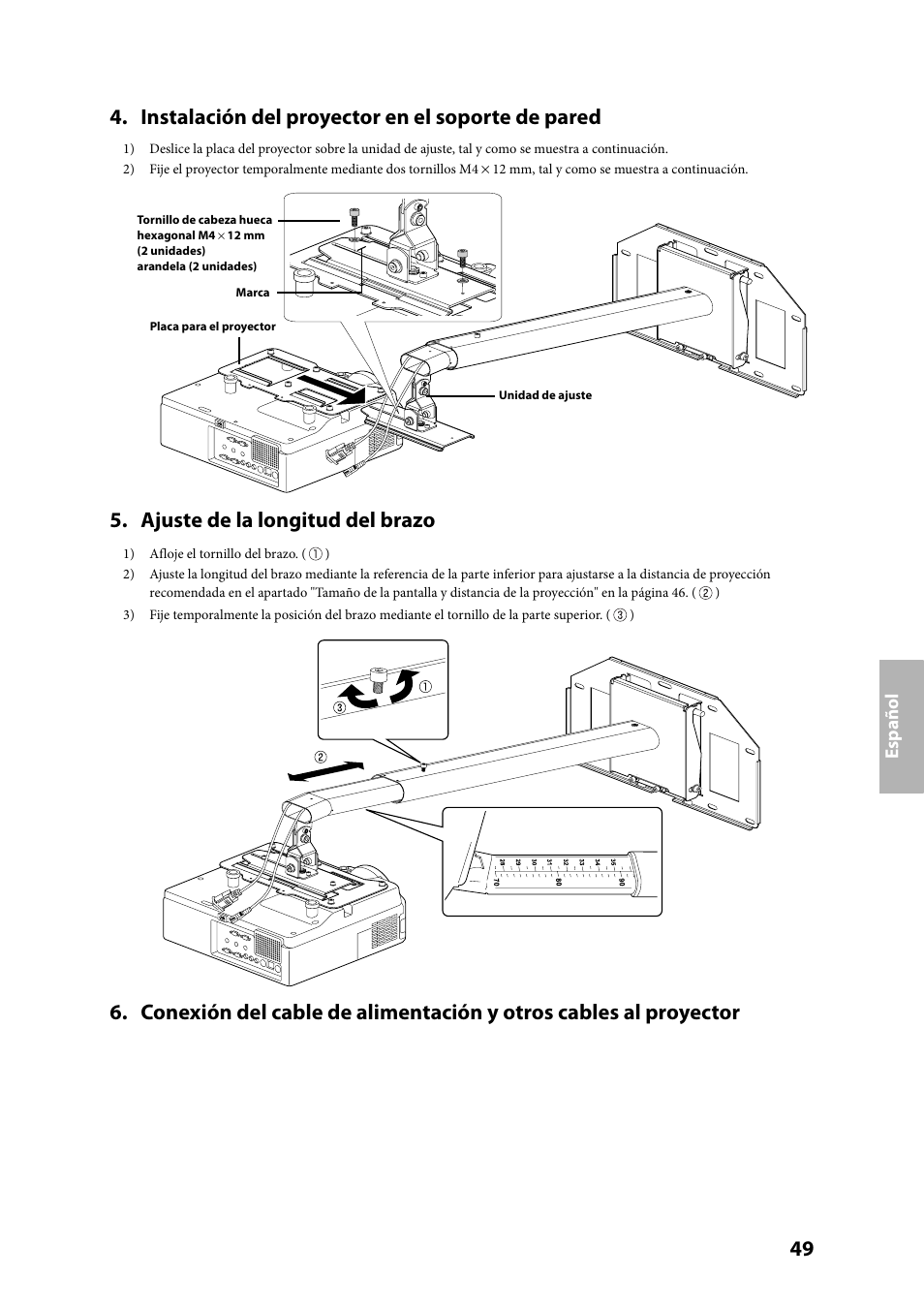 Instalación del proyector en el soporte de pared, Ajuste de la longitud del brazo, Español | Epson ELPMB24 User Manual | Page 49 / 52