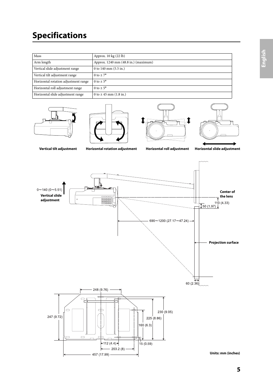 Specifications, English | Epson ELPMB24 User Manual | Page 5 / 52