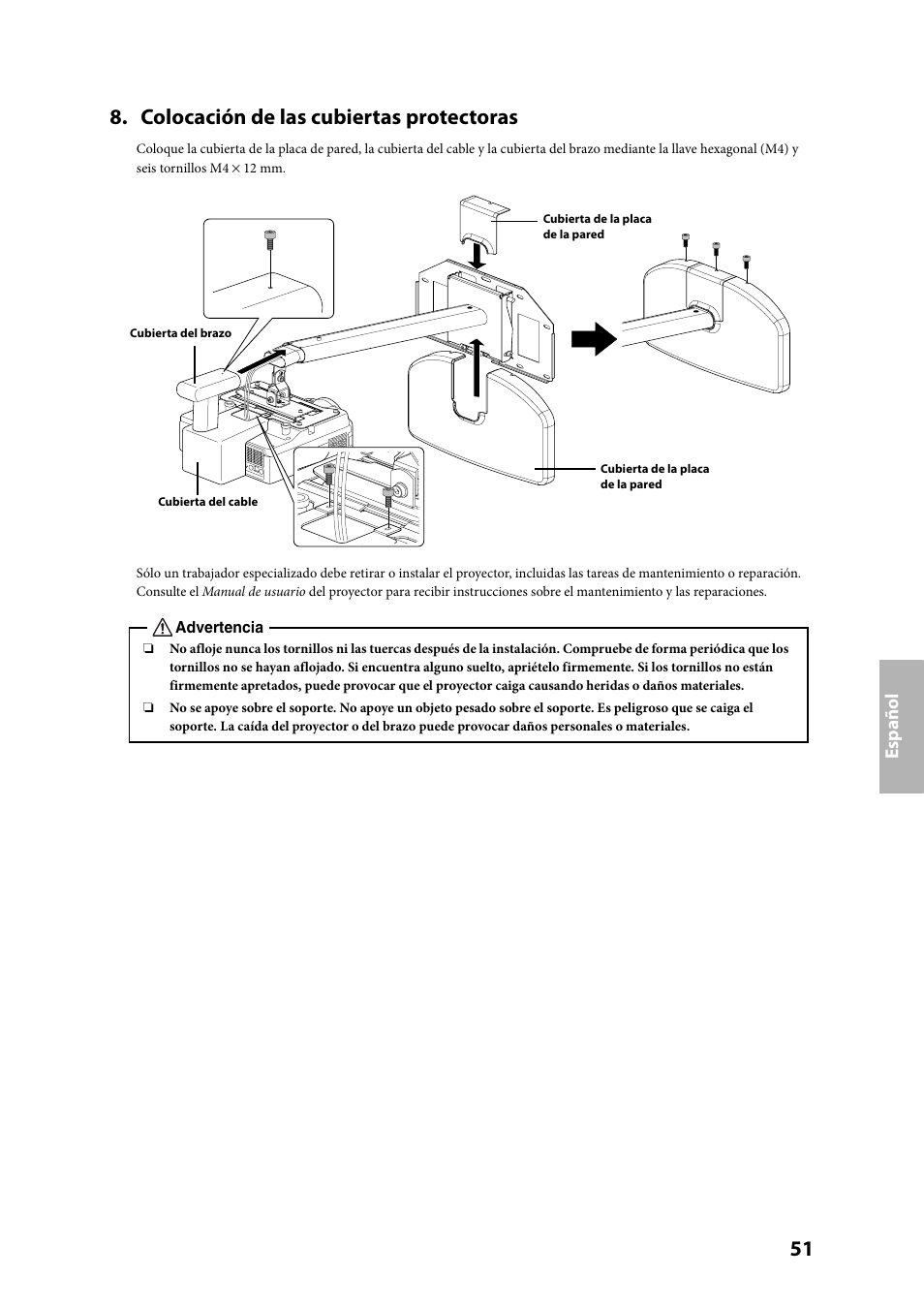 Colocación de las cubiertas protectoras, Español | Epson ELPMB24 User Manual | Page 51 / 52