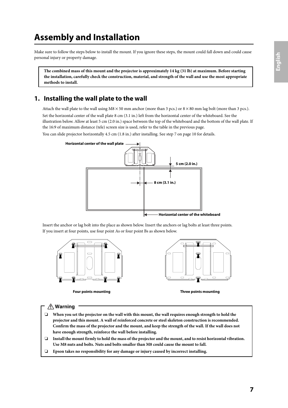 Assembly and installation, Installing the wall plate to the wall | Epson ELPMB24 User Manual | Page 7 / 52