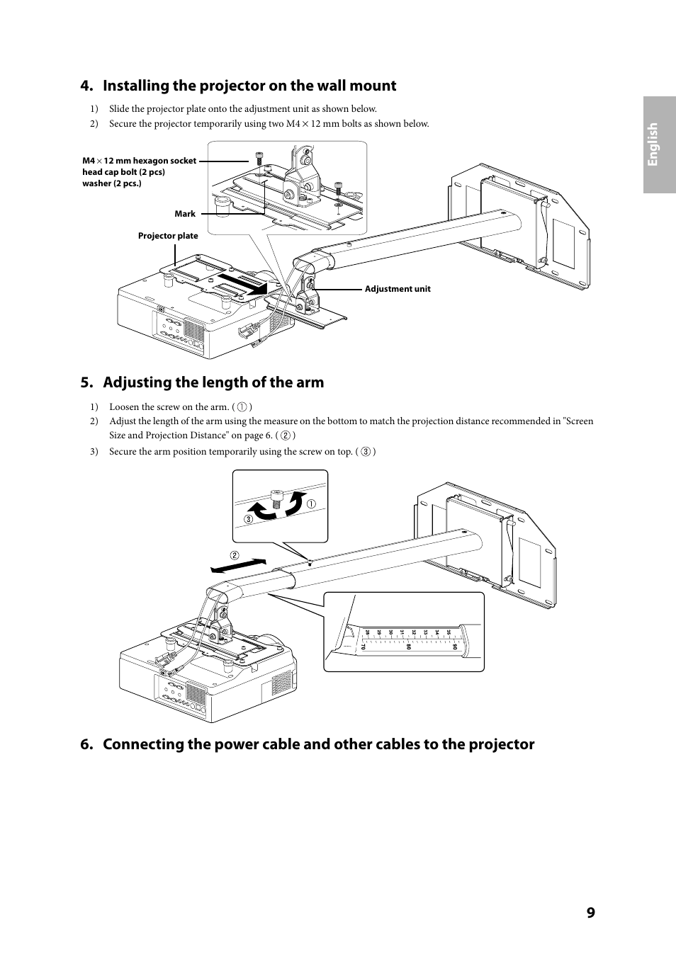 Installing the projector on the wall mount, Adjusting the length of the arm, English | Epson ELPMB24 User Manual | Page 9 / 52