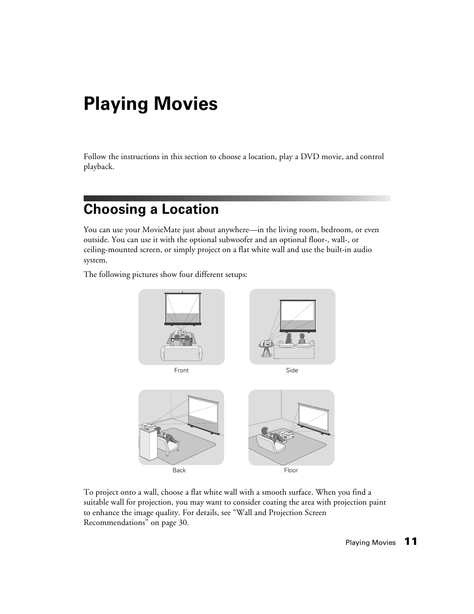 Playing movies, Choosing a location | Epson MovieMate 30s User Manual | Page 11 / 80