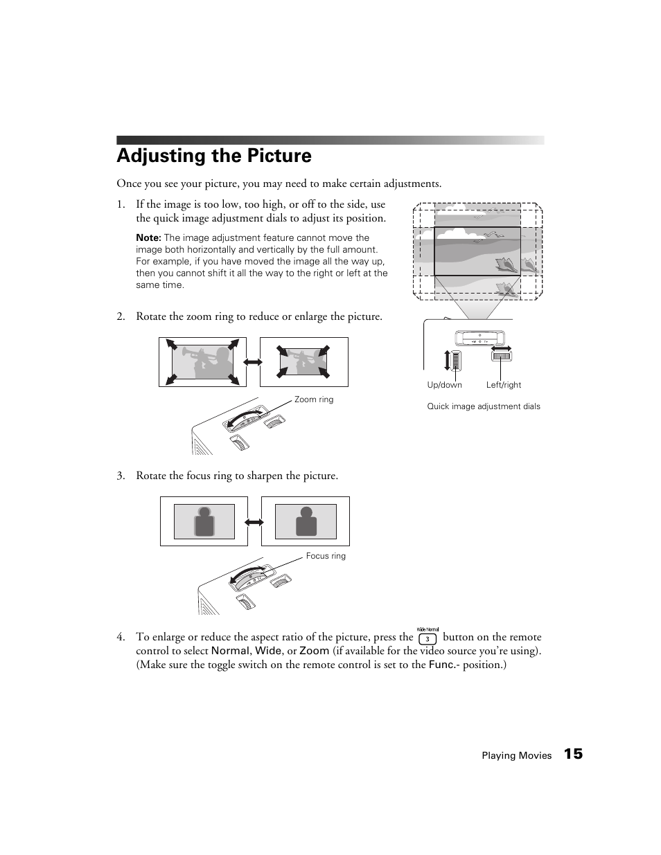 Adjusting the picture | Epson MovieMate 30s User Manual | Page 15 / 80