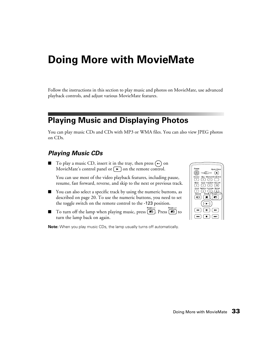 Doing more with moviemate, Playing music and displaying photos, Playing music cds | Epson MovieMate 30s User Manual | Page 33 / 80