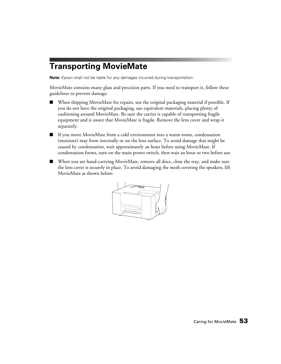 Transporting moviemate | Epson MovieMate 30s User Manual | Page 53 / 80