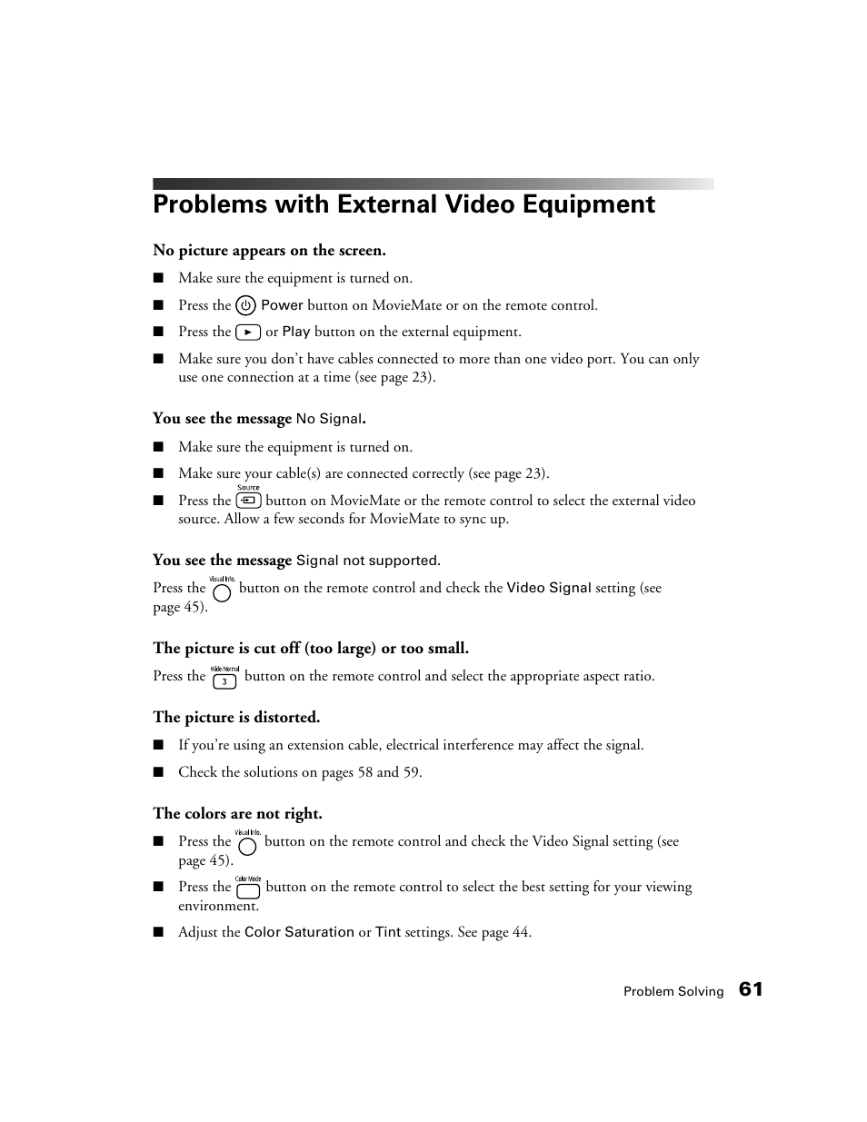 Problems with external video equipment | Epson MovieMate 30s User Manual | Page 61 / 80