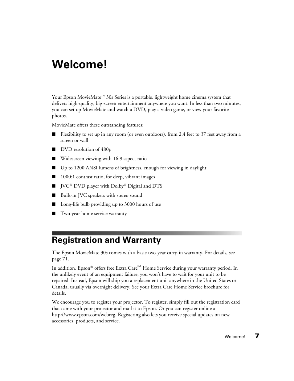 Welcome, Registration and warranty | Epson MovieMate 30s User Manual | Page 7 / 80