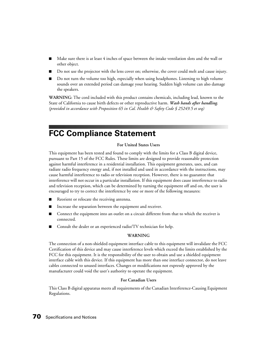 Fcc compliance statement | Epson MovieMate 30s User Manual | Page 70 / 80