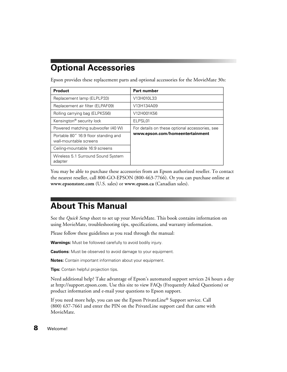 Optional accessories, About this manual | Epson MovieMate 30s User Manual | Page 8 / 80
