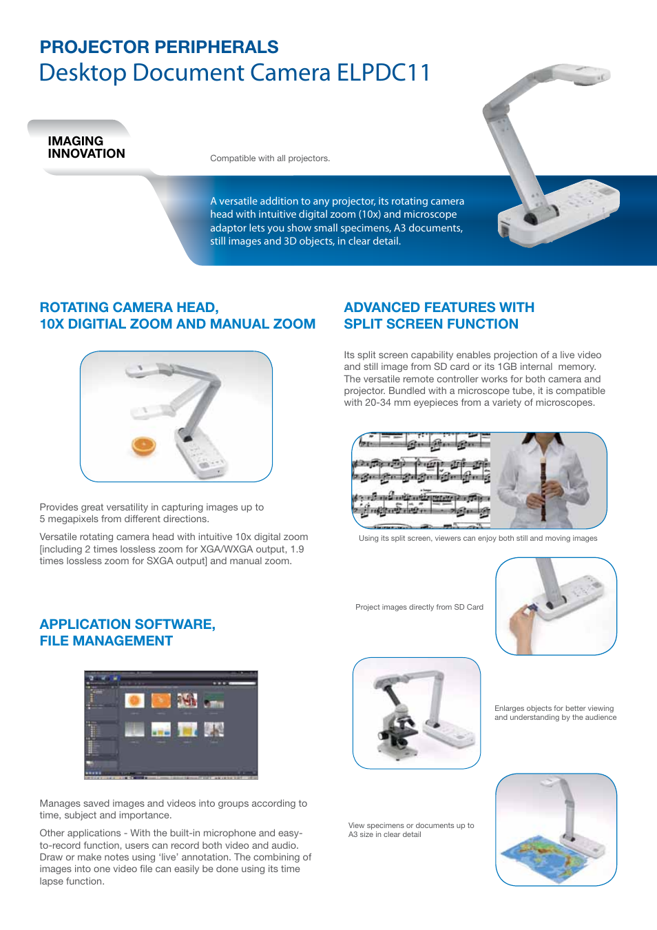 Desktop document camera elpdc11, Projector peripherals, Application software, file management | Epson ELPDC06 User Manual | Page 5 / 6