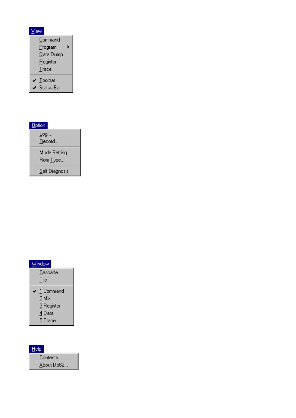 7 [option] menu, 8 [windows] menu, 9 [help] menu | Epson S5U1C62000A User Manual | Page 147 / 255