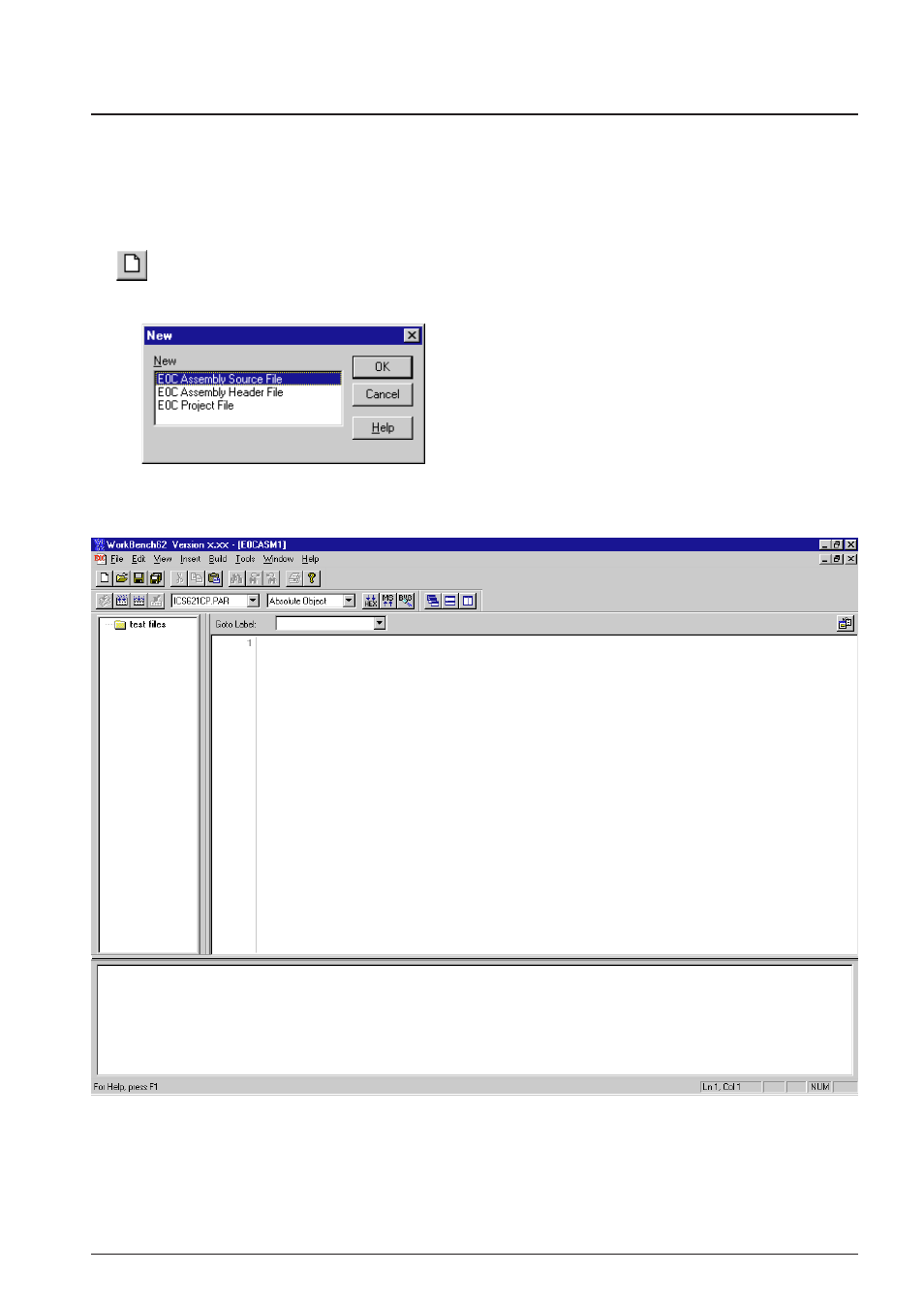 7 source editor, 1 creating a new source or header file | Epson S5U1C62000A User Manual | Page 43 / 255