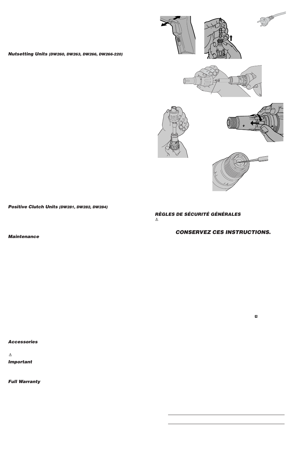 Conservez ces instructions, Règles de sécurité générales, Nutsetting units | Positive clutch units, Maintenance, Accessories, Important, Full warranty | Epson DW251 User Manual | Page 2 / 5