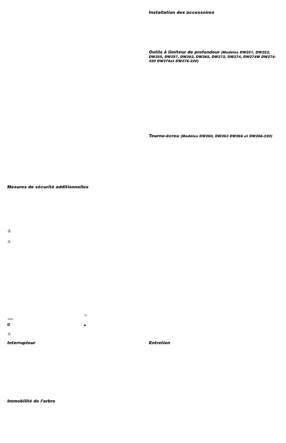 Mesures de sécurité additionnelles, Interrupteur, Immobilité de l’arbre | Installation des accessoires, Outils à limiteur de profondeur, Tourne-écrou, Entretien | Epson DW251 User Manual | Page 3 / 5