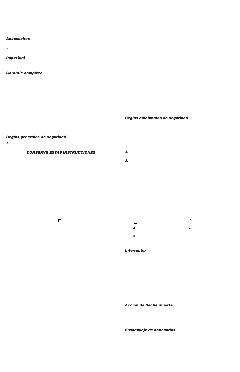 Accessoires, Important, Garantie complète | Reglas generales de seguridad, Conserve estas instrucciones, Reglas adicionales de seguridad, Interruptor, Acción de flecha muerta, Ensamblaje de accesorios | Epson DW251 User Manual | Page 4 / 5