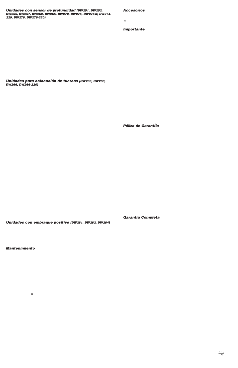 Unidades con sensor de profundidad, Unidades para colocación de tuercas, Unidades con embrague positivo | Mantenimiento, Accesorios, Importante, Póliza de garantíía, Garantía completa | Epson DW251 User Manual | Page 5 / 5