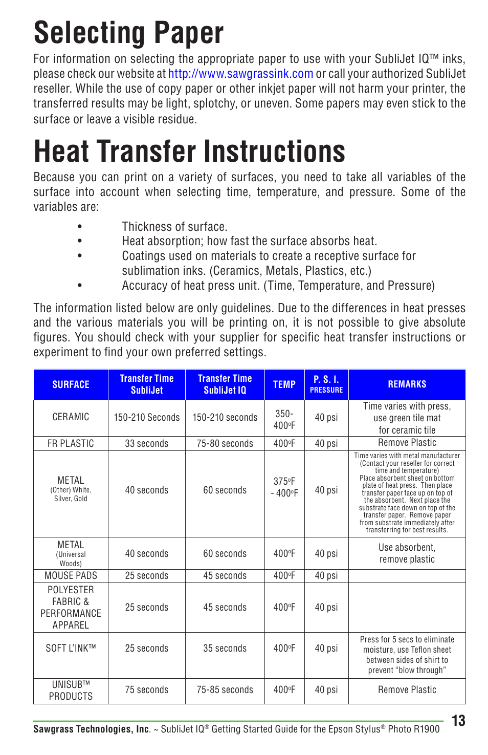 Selecting paper, Heat transfer instructions | Epson STYLUS R1900 User Manual | Page 19 / 56