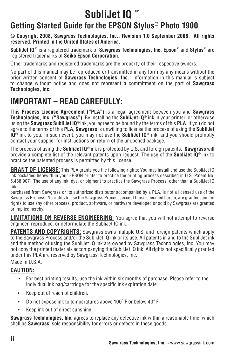 Sublijet iq, Getting started guide for the epson stylus, Photo 1900 | Important – read carefully | Epson STYLUS R1900 User Manual | Page 2 / 56