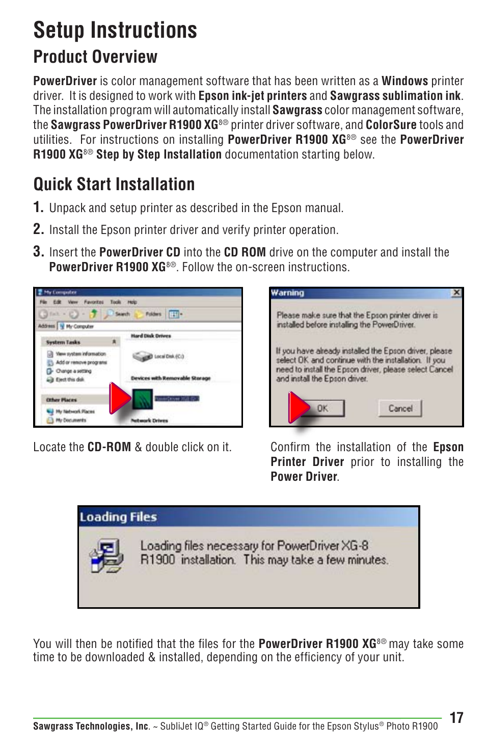 Setup instructions, Product overview, Quick start installation | Epson STYLUS R1900 User Manual | Page 23 / 56