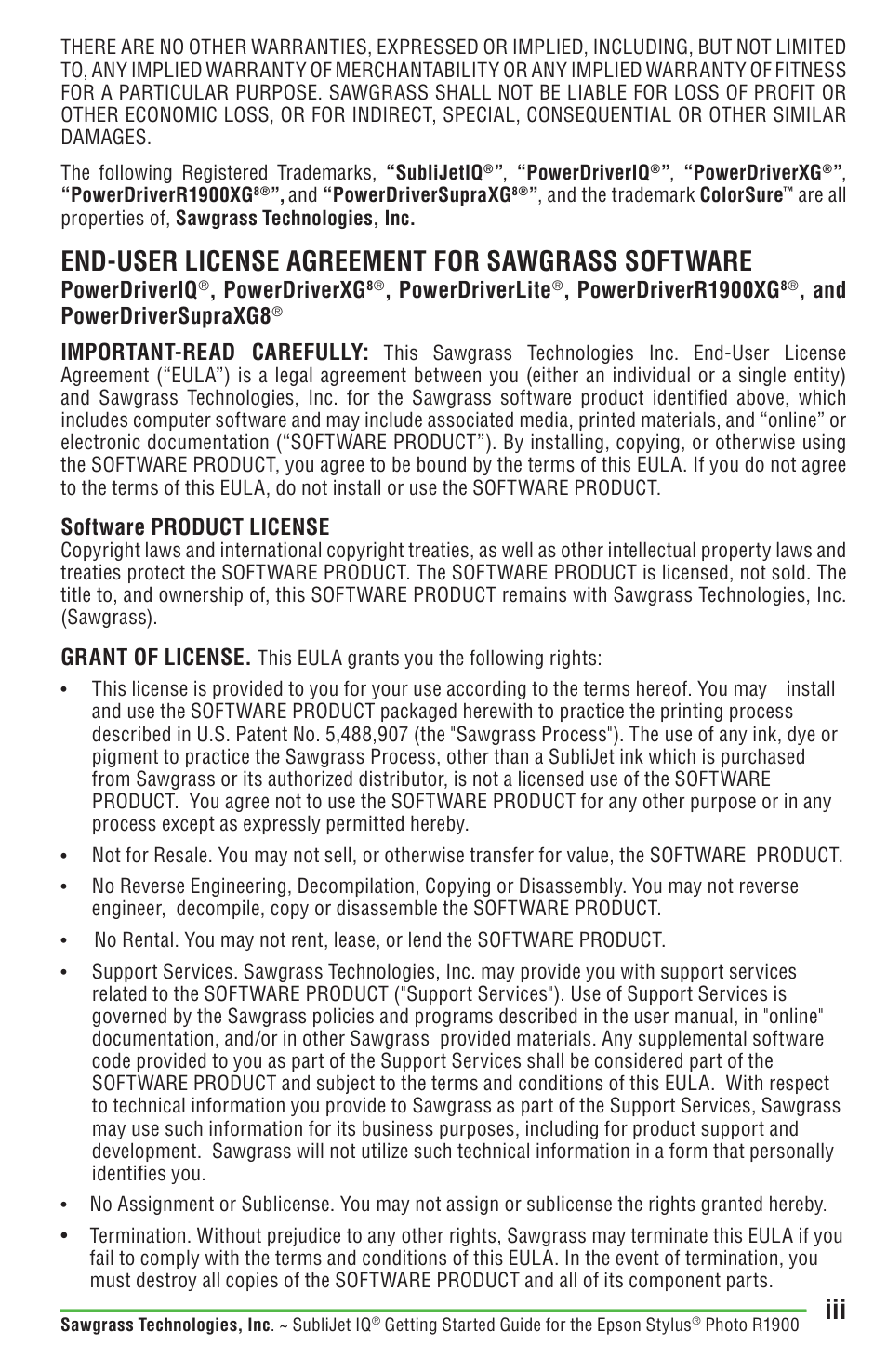 End-user license agreement for sawgrass software, Powerdriveriq, Powerdriverxg | Powerdriverlite, Powerdriverr1900xg, And powerdriversupraxg8, Important-read carefully, Software product license, Grant of license | Epson STYLUS R1900 User Manual | Page 3 / 56
