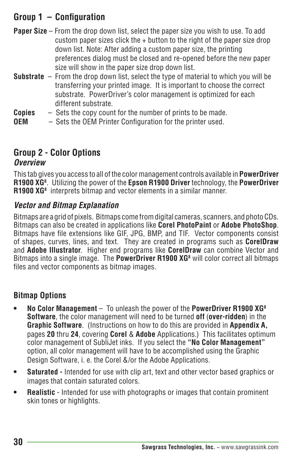 30 group 2 - color options, Group 1 – configuration | Epson STYLUS R1900 User Manual | Page 36 / 56