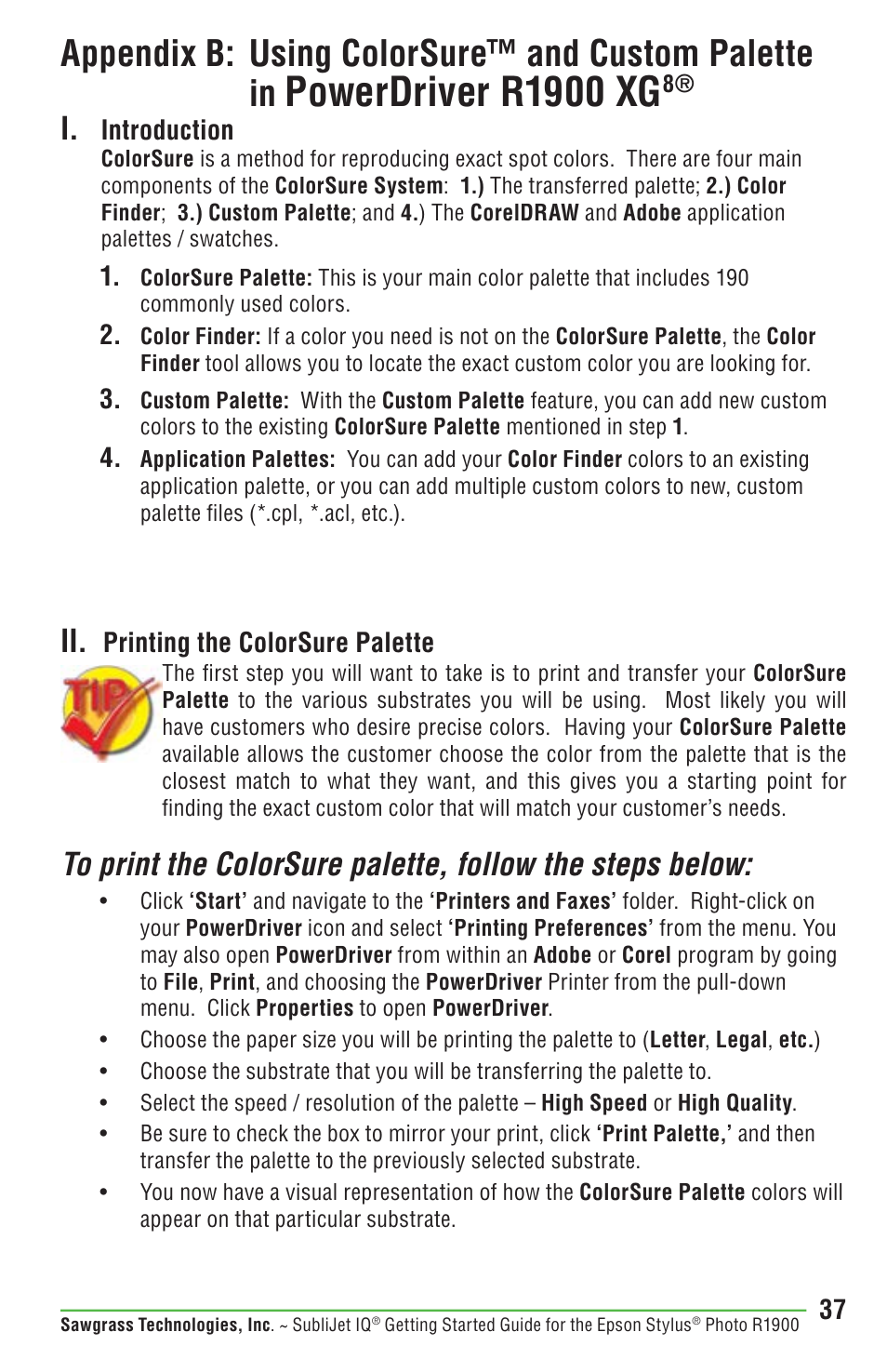 Powerdriver r1900 xg, Appendix b: using colorsure™ and custom palette in | Epson STYLUS R1900 User Manual | Page 43 / 56