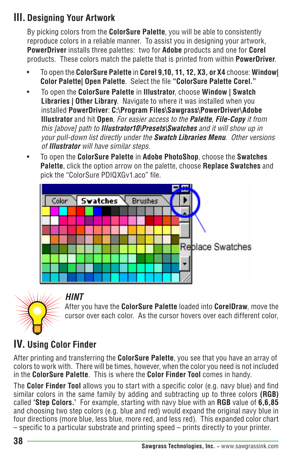 38 hint, Using color finder, Designing your artwork | Epson STYLUS R1900 User Manual | Page 44 / 56