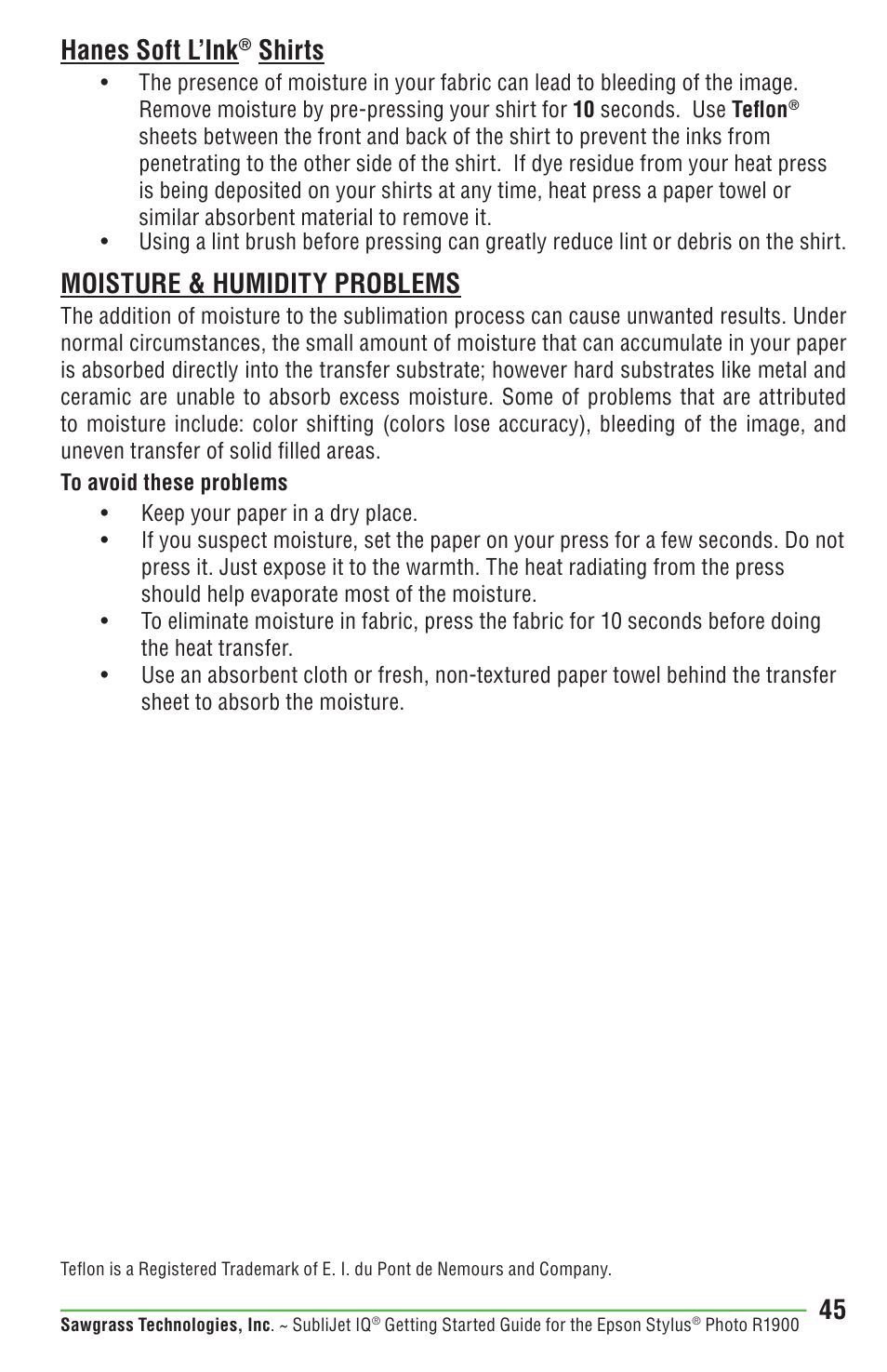 Hanes soft l’ink, Shirts, Moisture & humidity problems | Epson STYLUS R1900 User Manual | Page 51 / 56