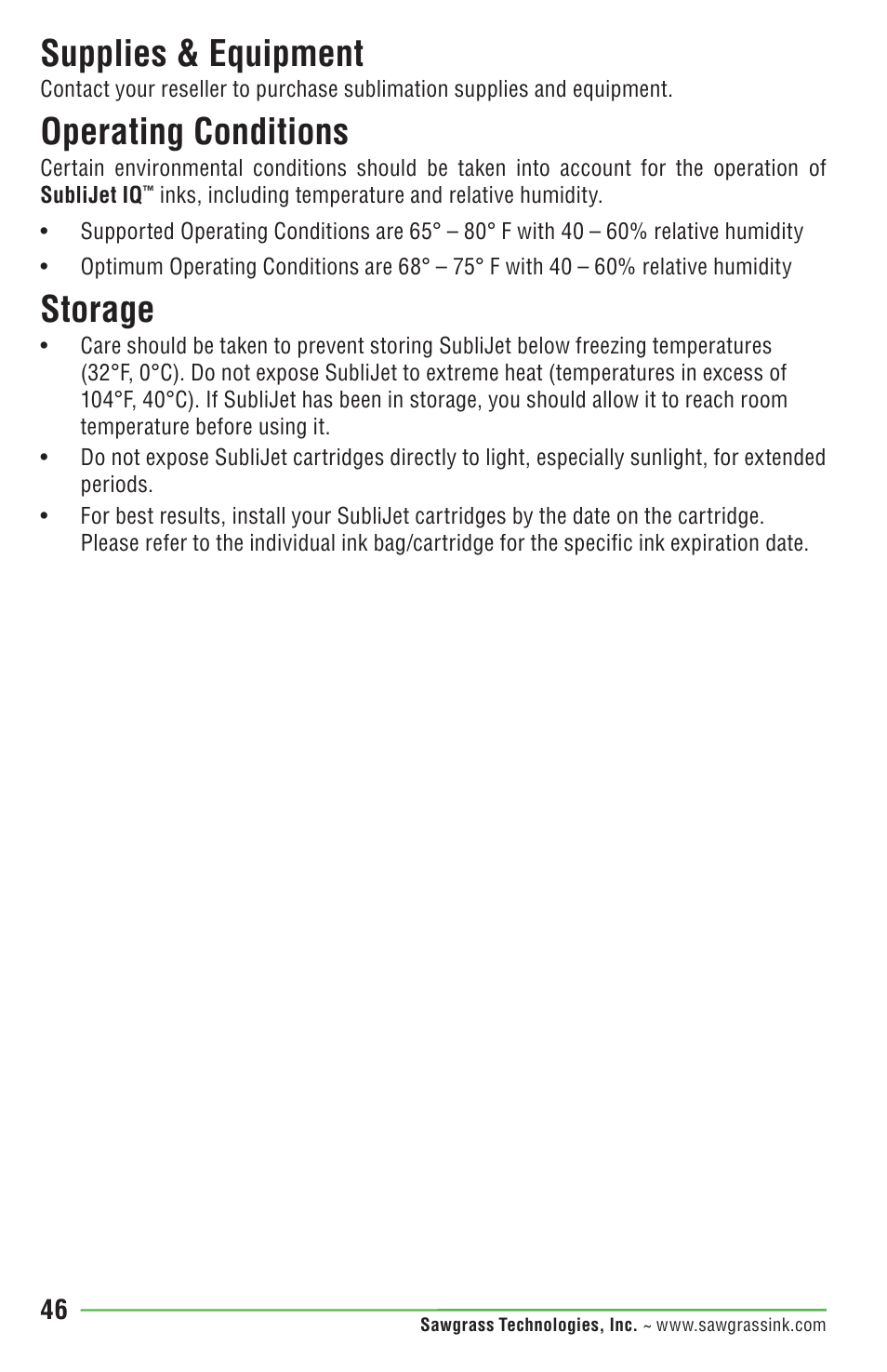 Supplies & equipment, Operating conditions, Storage | Epson STYLUS R1900 User Manual | Page 52 / 56