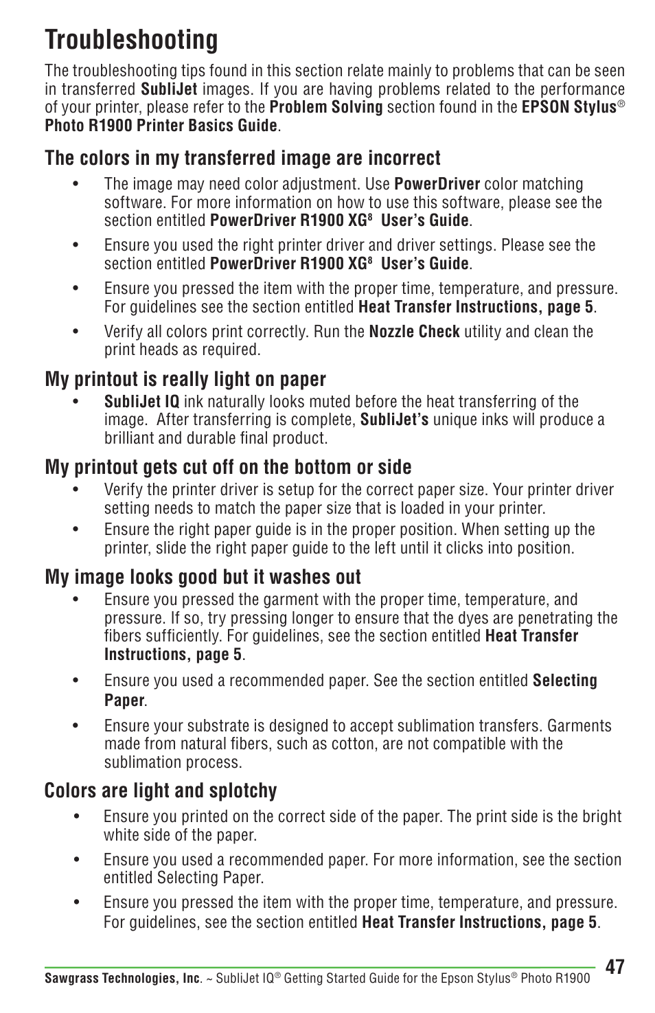 Troubleshooting, The colors in my transferred image are incorrect, My printout is really light on paper | My printout gets cut off on the bottom or side, My image looks good but it washes out, Colors are light and splotchy | Epson STYLUS R1900 User Manual | Page 53 / 56