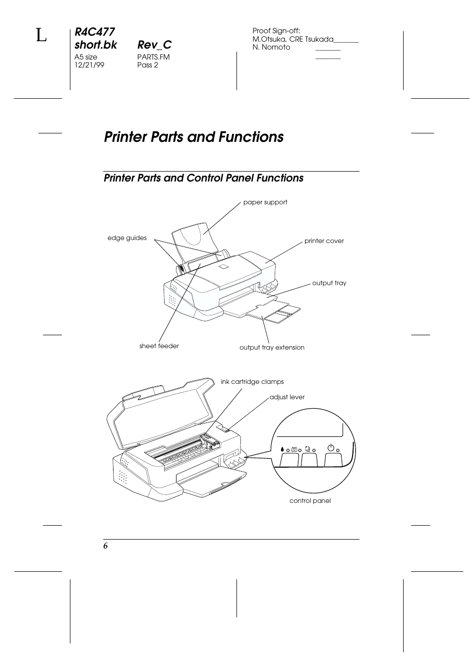Printer parts and functions, Printer parts and control panel functions, R4c477 short.bk rev_c | Epson 860 User Manual | Page 13 / 75