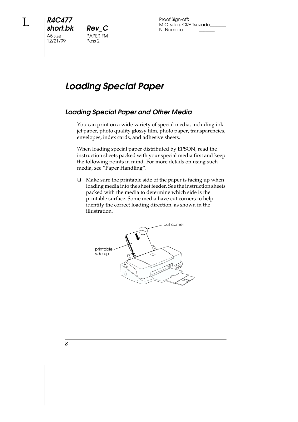 Loading special paper, Loading special paper and other media, R4c477 short.bk rev_c | Epson 860 User Manual | Page 15 / 75