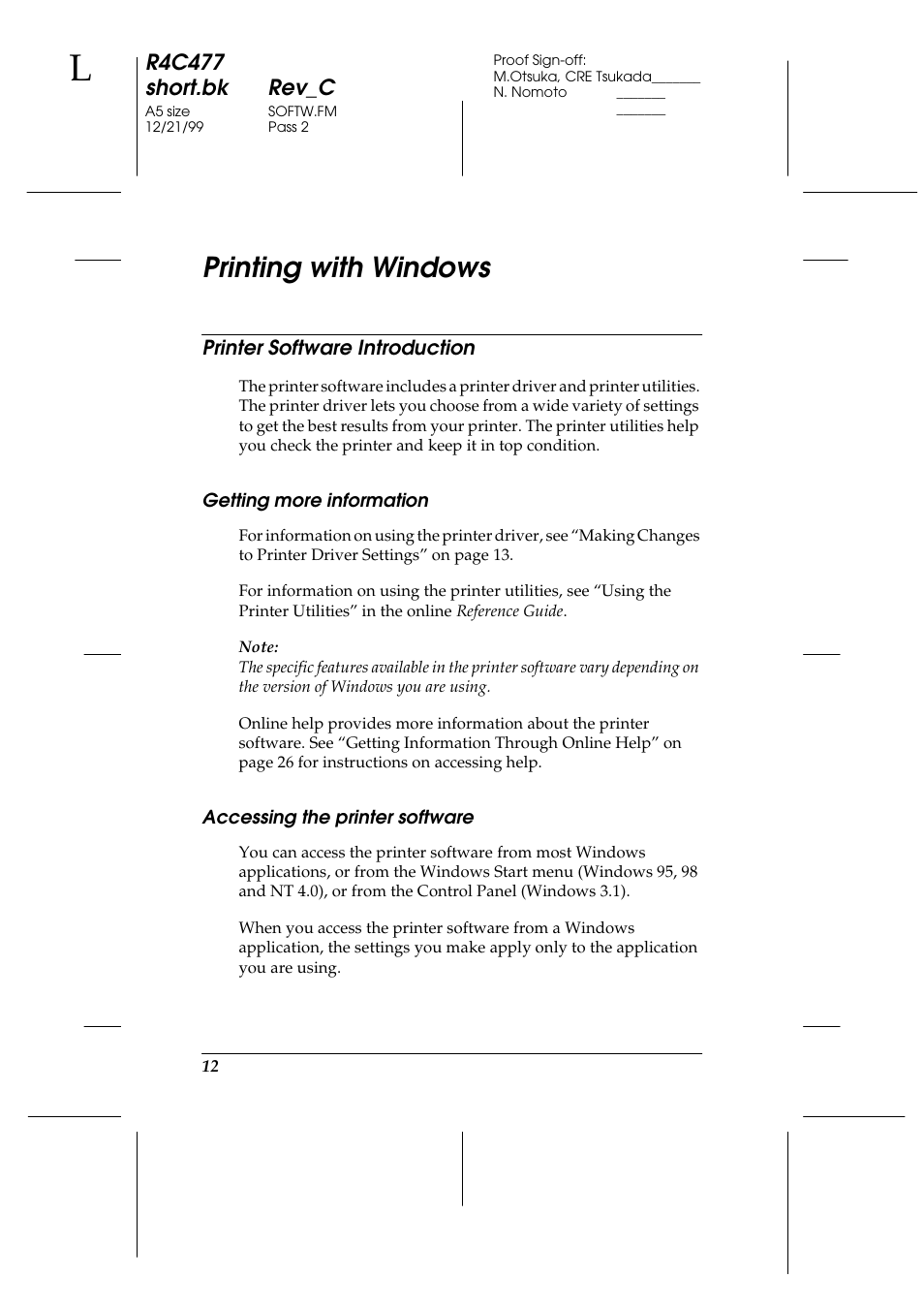 Printing with windows, Printer software introduction, Getting more information | Accessing the printer software, R4c477 short.bk rev_c | Epson 860 User Manual | Page 19 / 75