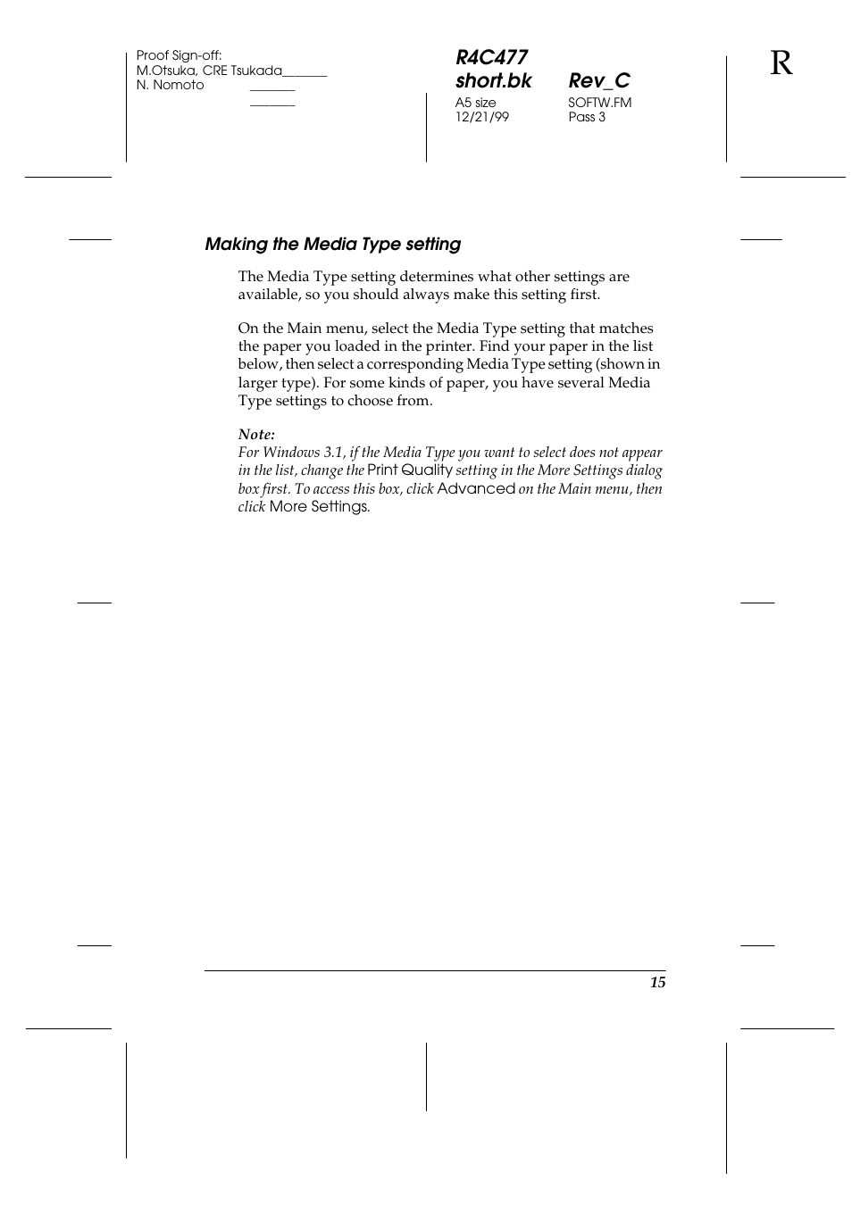 Making the media type setting, R4c477 short.bk rev_c | Epson 860 User Manual | Page 22 / 75